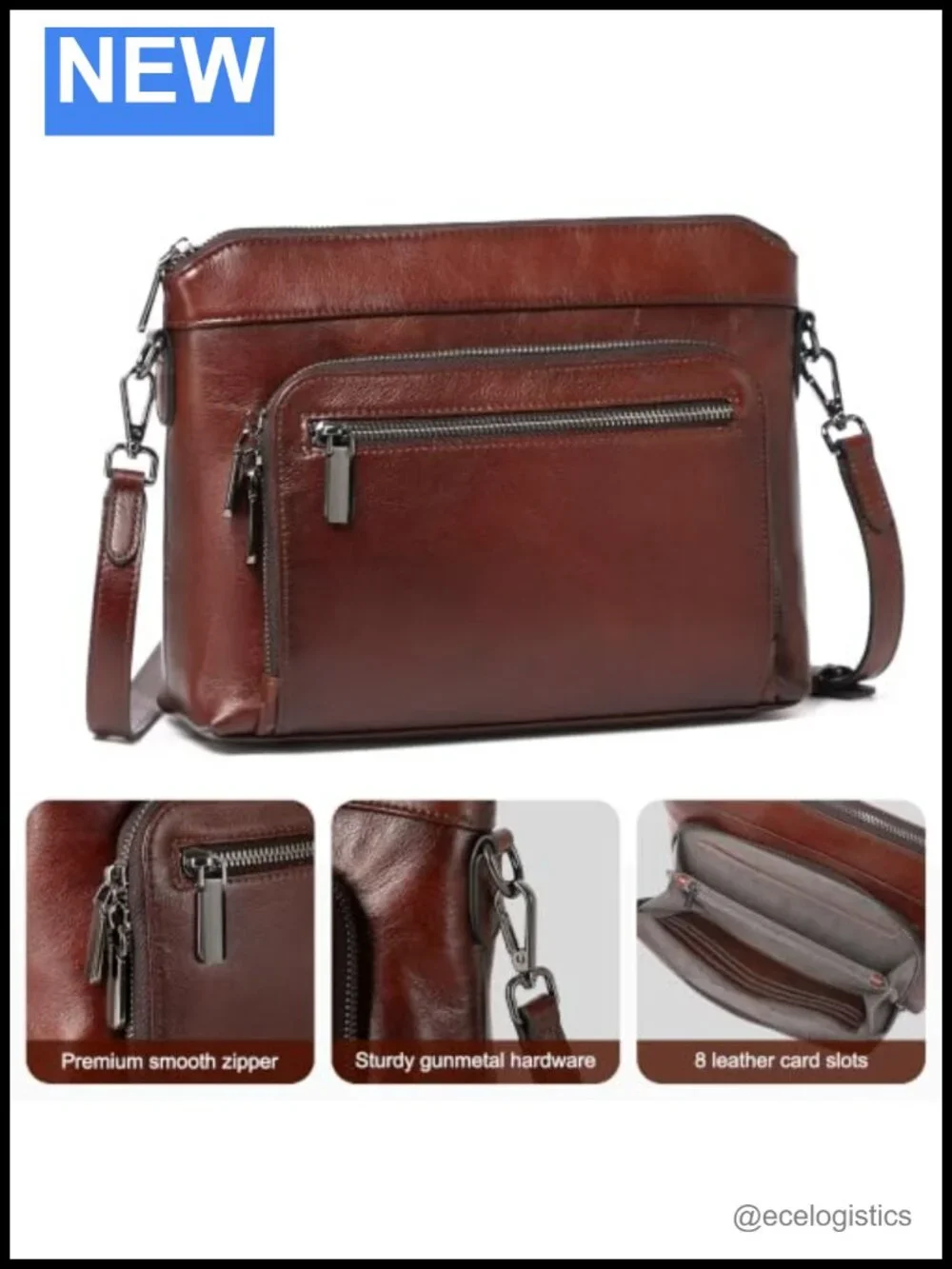 Genuine Leather Crossbody Bag RFID Blocking Pockets Adjustable Straps